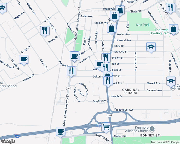 map of restaurants, bars, coffee shops, grocery stores, and more near 47 Tussing Lane in Tonawanda