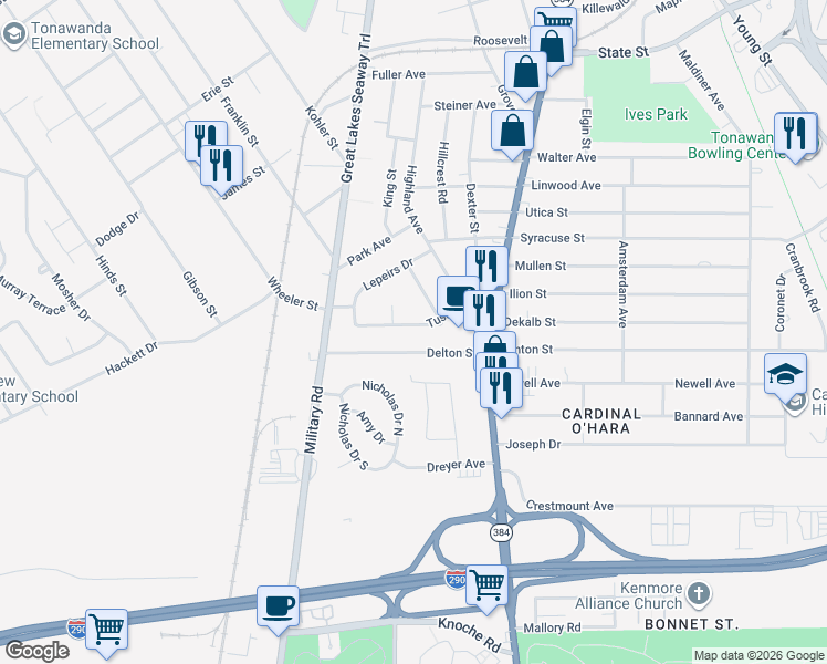 map of restaurants, bars, coffee shops, grocery stores, and more near 47 Tussing Lane in Tonawanda