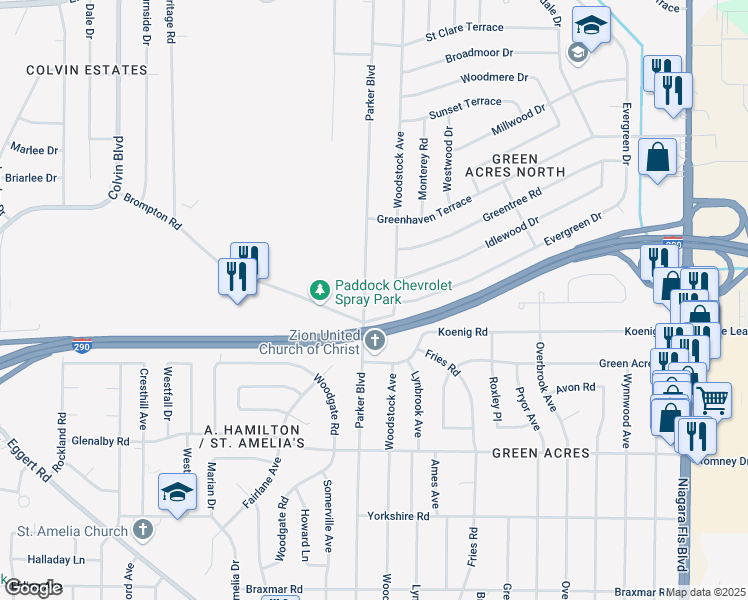 map of restaurants, bars, coffee shops, grocery stores, and more near 748 Woodstock Avenue in Tonawanda