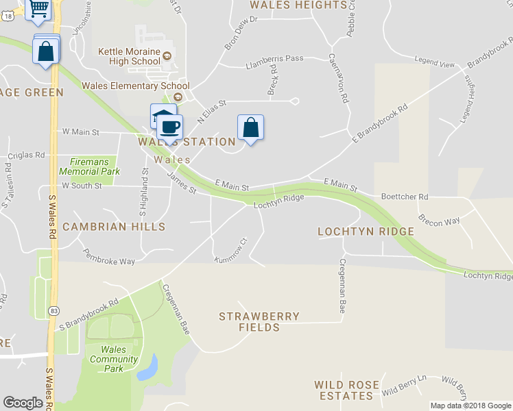 map of restaurants, bars, coffee shops, grocery stores, and more near 825 East Brandybrook Road in Wales