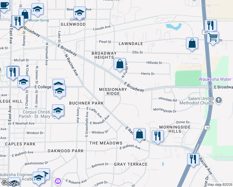 map of restaurants, bars, coffee shops, grocery stores, and more near 120 South Porter Avenue in Waukesha