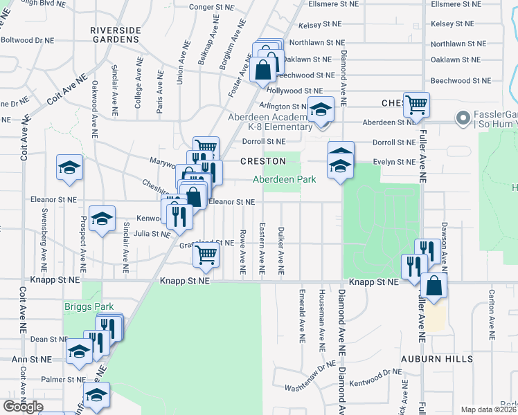 map of restaurants, bars, coffee shops, grocery stores, and more near 2145 Eastern Avenue Northeast in Grand Rapids
