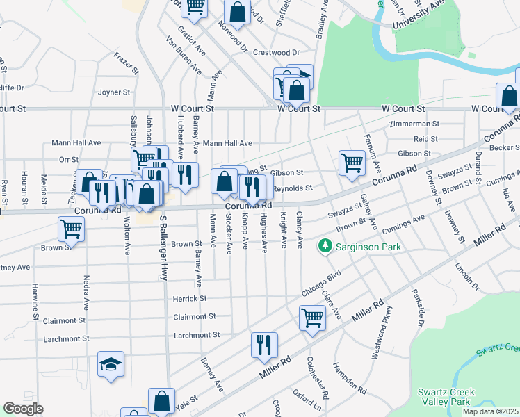 map of restaurants, bars, coffee shops, grocery stores, and more near 1119 Hughes Avenue in Flint
