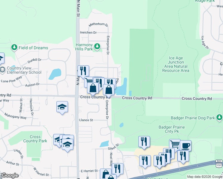 map of restaurants, bars, coffee shops, grocery stores, and more near 1049 Enterprise Drive in Verona