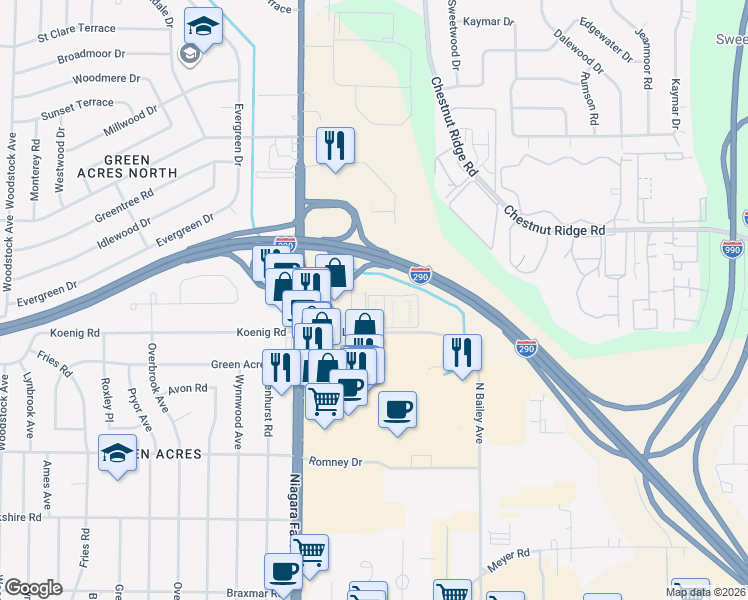 map of restaurants, bars, coffee shops, grocery stores, and more near 3948 Ridge Lea Road in Buffalo