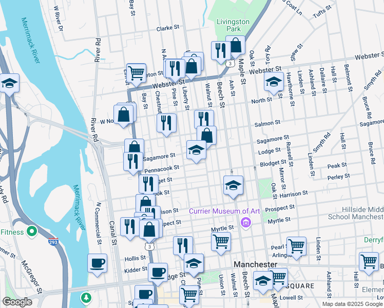 map of restaurants, bars, coffee shops, grocery stores, and more near 88 Pennacook Street in Manchester