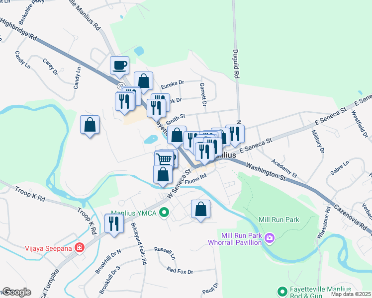 map of restaurants, bars, coffee shops, grocery stores, and more near 104-106 Fayette Street in Manlius