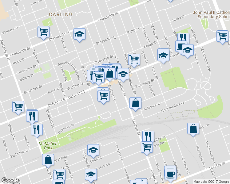 map of restaurants, bars, coffee shops, grocery stores, and more near 72 Sterling Street in London