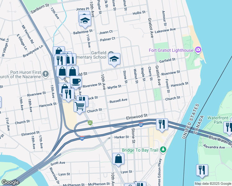 map of restaurants, bars, coffee shops, grocery stores, and more near 1216 Hancock Street in Port Huron
