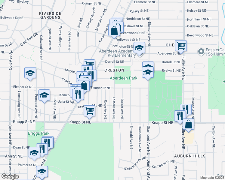 map of restaurants, bars, coffee shops, grocery stores, and more near 2145 Eastern Avenue Northeast in Grand Rapids