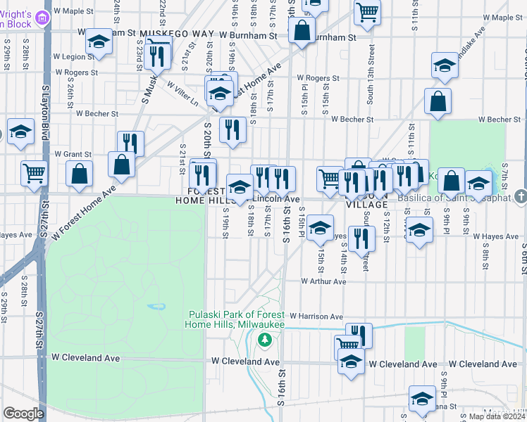 map of restaurants, bars, coffee shops, grocery stores, and more near 2338A South 17th Street in Milwaukee