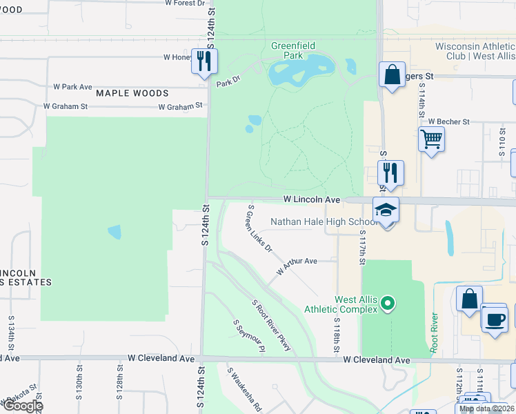 map of restaurants, bars, coffee shops, grocery stores, and more near 2340 South Green Links Drive in West Allis