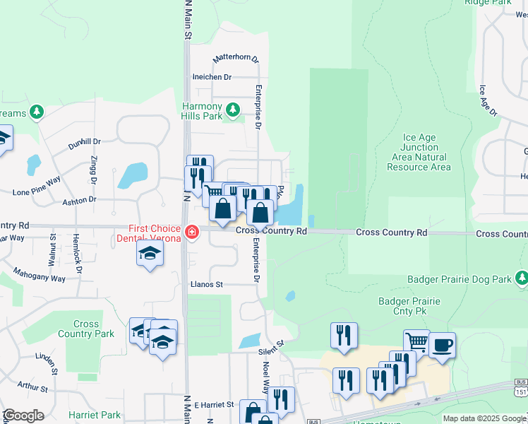 map of restaurants, bars, coffee shops, grocery stores, and more near 100 Cross Country Road in Verona