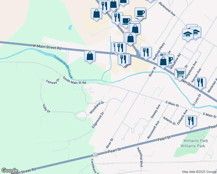 map of restaurants, bars, coffee shops, grocery stores, and more near 4096 South Main Street Road in Batavia