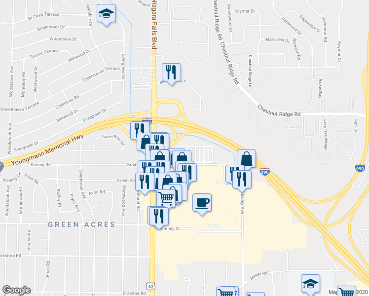 map of restaurants, bars, coffee shops, grocery stores, and more near 3900 Ridge Lea Road in Buffalo