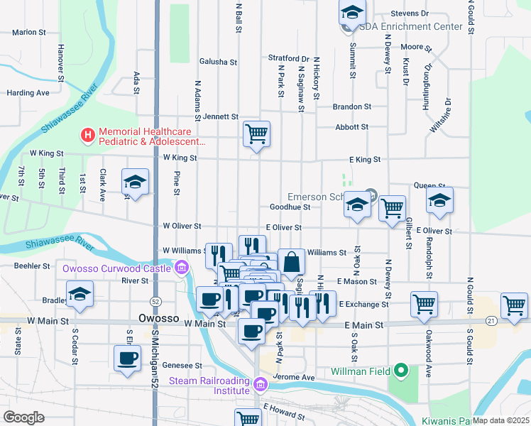 map of restaurants, bars, coffee shops, grocery stores, and more near 205 East Oliver Street in Owosso