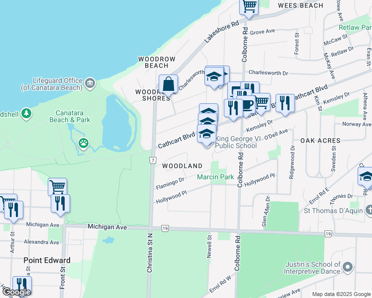 map of restaurants, bars, coffee shops, grocery stores, and more near 582 Highbury Park in Sarnia
