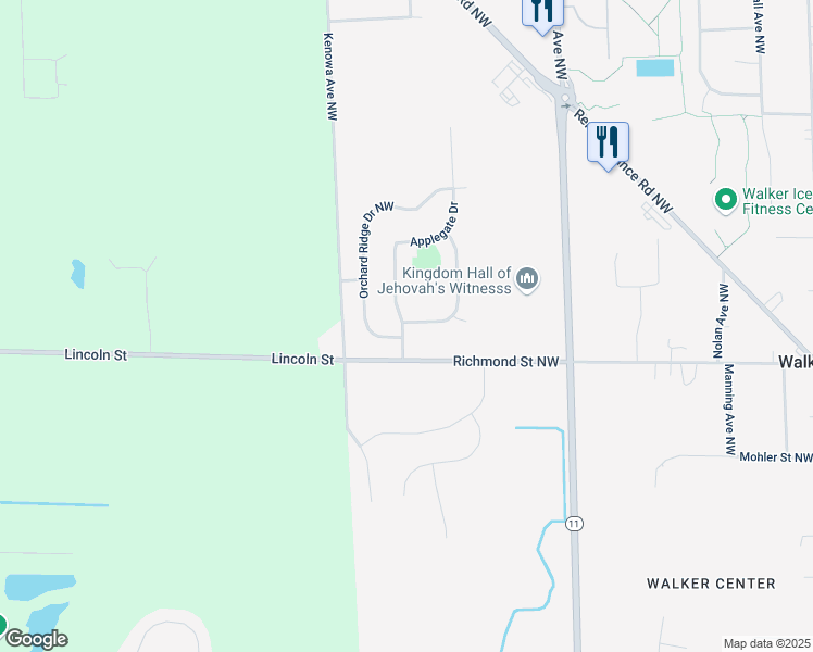 map of restaurants, bars, coffee shops, grocery stores, and more near 2020 Cider Mill Trail Northwest in Walker
