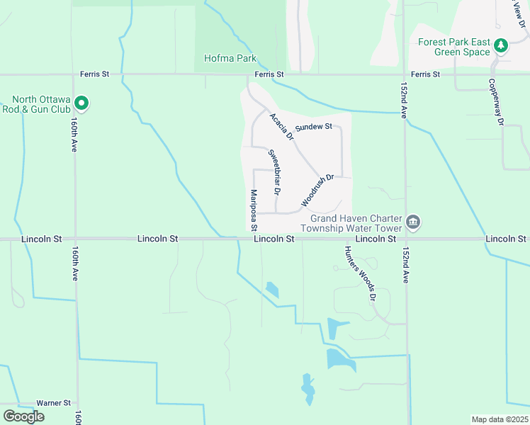 map of restaurants, bars, coffee shops, grocery stores, and more near 15538 Woodrush Drive in Grand Haven
