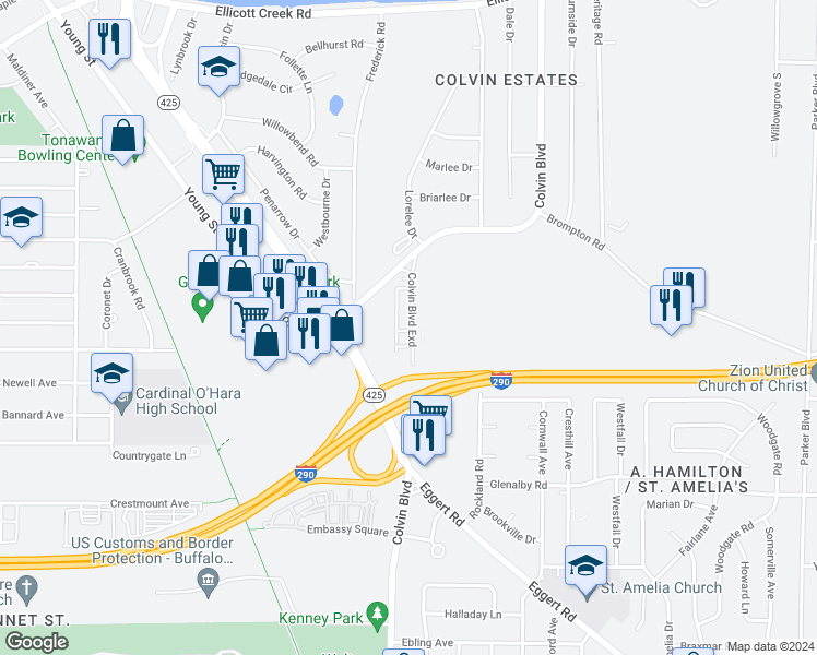 map of restaurants, bars, coffee shops, grocery stores, and more near 2156 Sheridan Drive in Buffalo