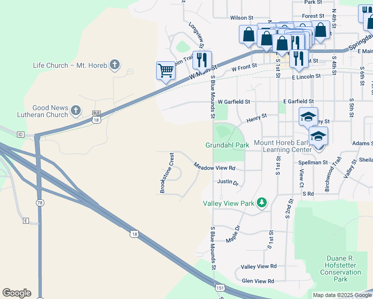 map of restaurants, bars, coffee shops, grocery stores, and more near 510 Meadow View Road in Mount Horeb