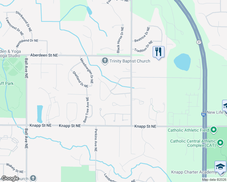 map of restaurants, bars, coffee shops, grocery stores, and more near 2221 Mapleton Street Northeast in Grand Rapids