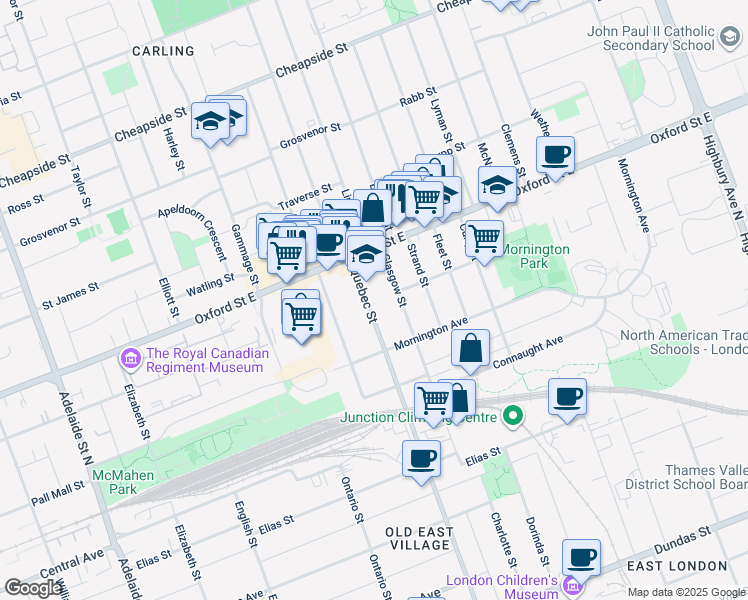map of restaurants, bars, coffee shops, grocery stores, and more near 814 Quebec Street in London