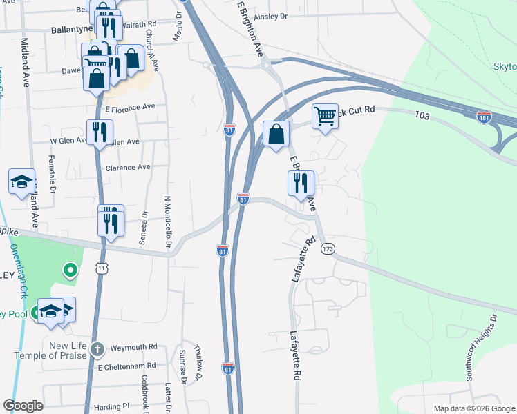 map of restaurants, bars, coffee shops, grocery stores, and more near 478 New York 173 in Syracuse