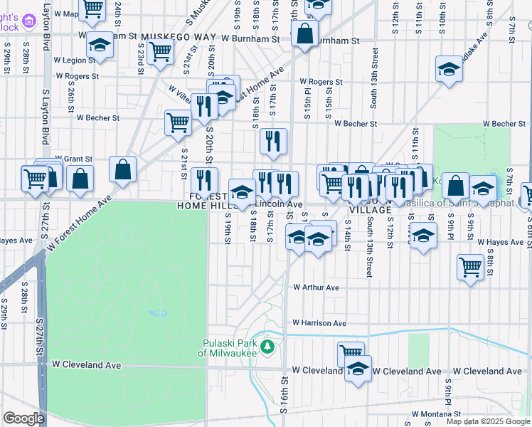 map of restaurants, bars, coffee shops, grocery stores, and more near 2338A South 17th Street in Milwaukee