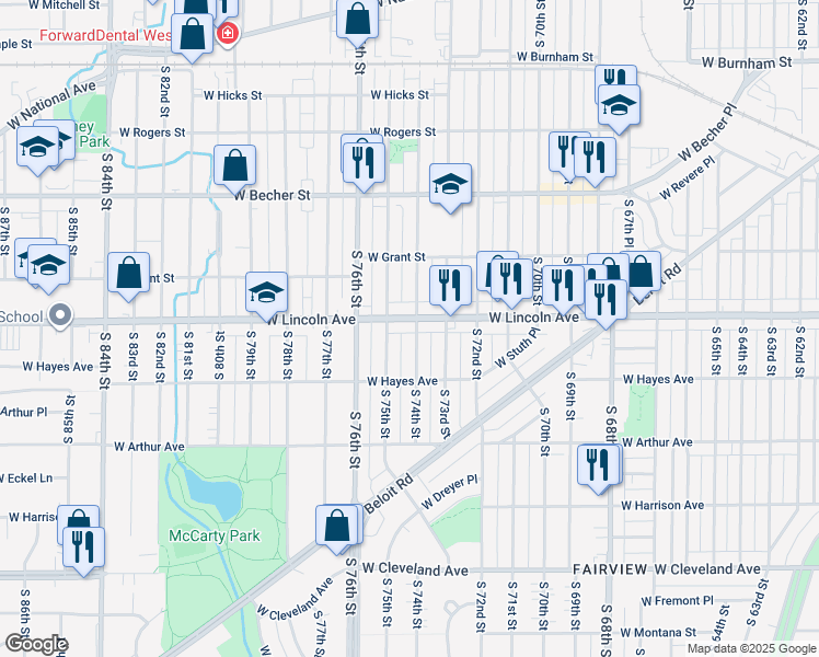 map of restaurants, bars, coffee shops, grocery stores, and more near 2334 South 74th Street in West Allis
