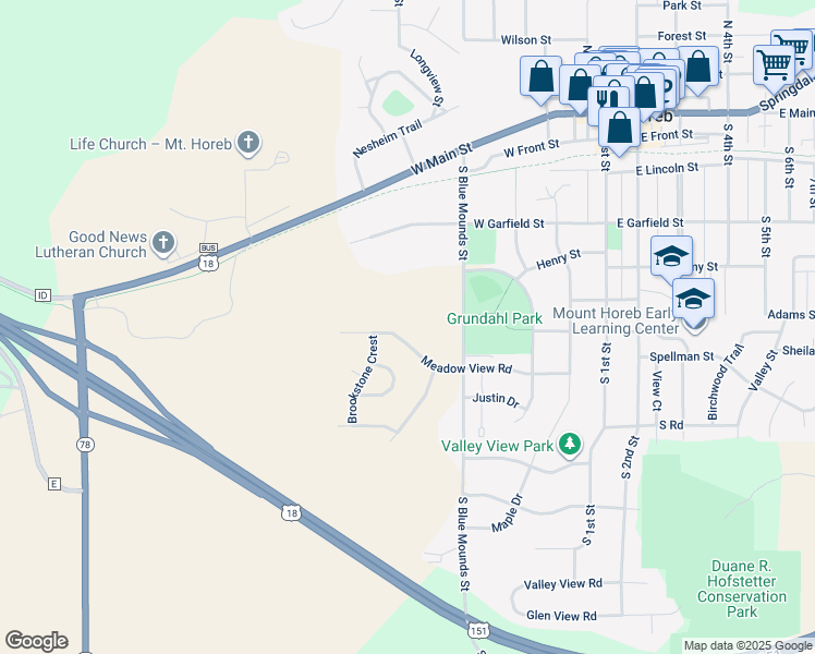 map of restaurants, bars, coffee shops, grocery stores, and more near 521 Meadow View Road in Mount Horeb