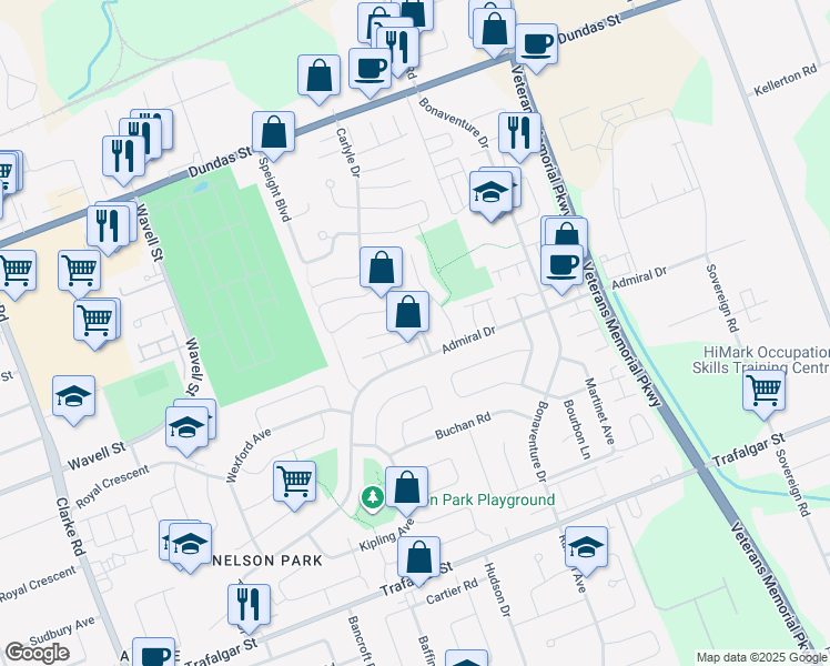 map of restaurants, bars, coffee shops, grocery stores, and more near 71 Carlyle Drive in London