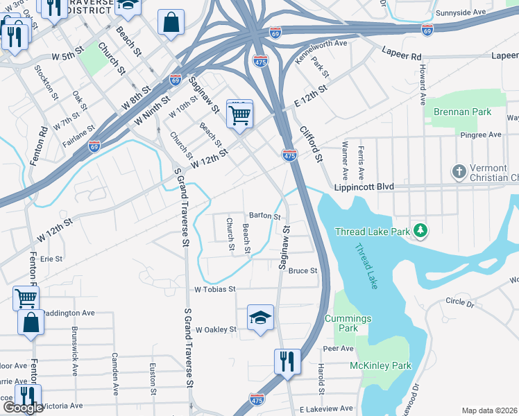 map of restaurants, bars, coffee shops, grocery stores, and more near 201 Barton Street in Flint