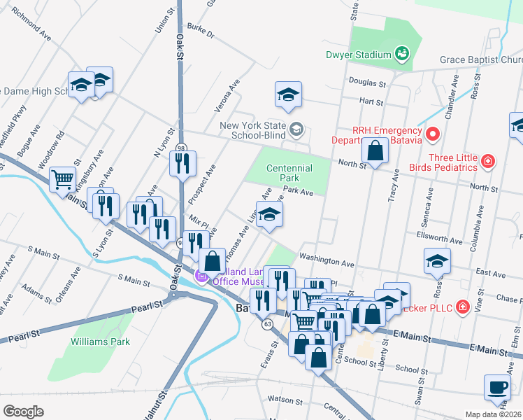 map of restaurants, bars, coffee shops, grocery stores, and more near 15 Washington Avenue in Batavia