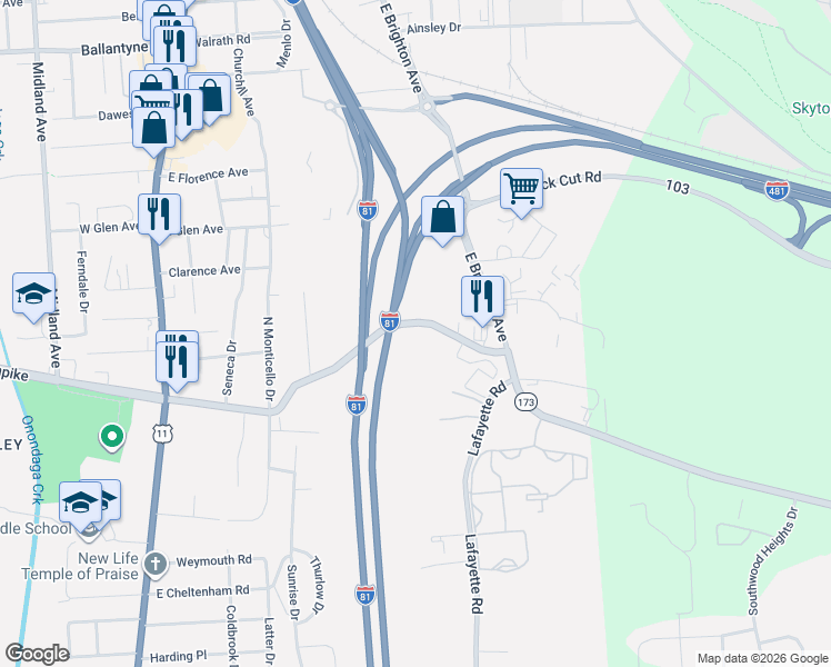 map of restaurants, bars, coffee shops, grocery stores, and more near 478 New York 173 in Syracuse