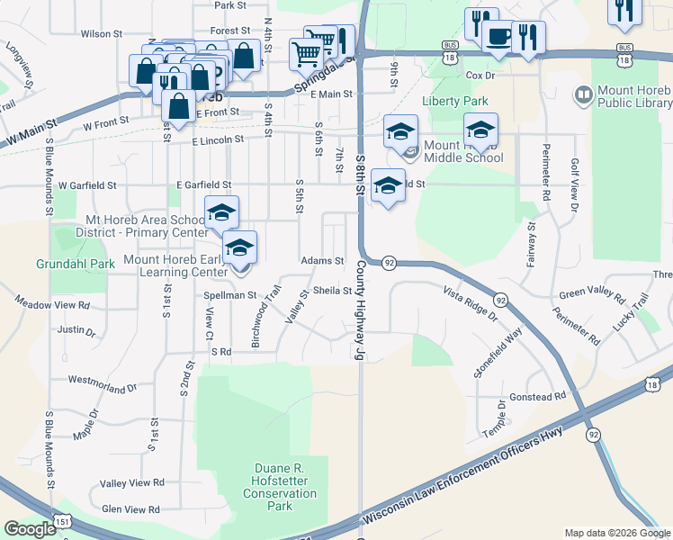 map of restaurants, bars, coffee shops, grocery stores, and more near 303 Adams Street in Mount Horeb