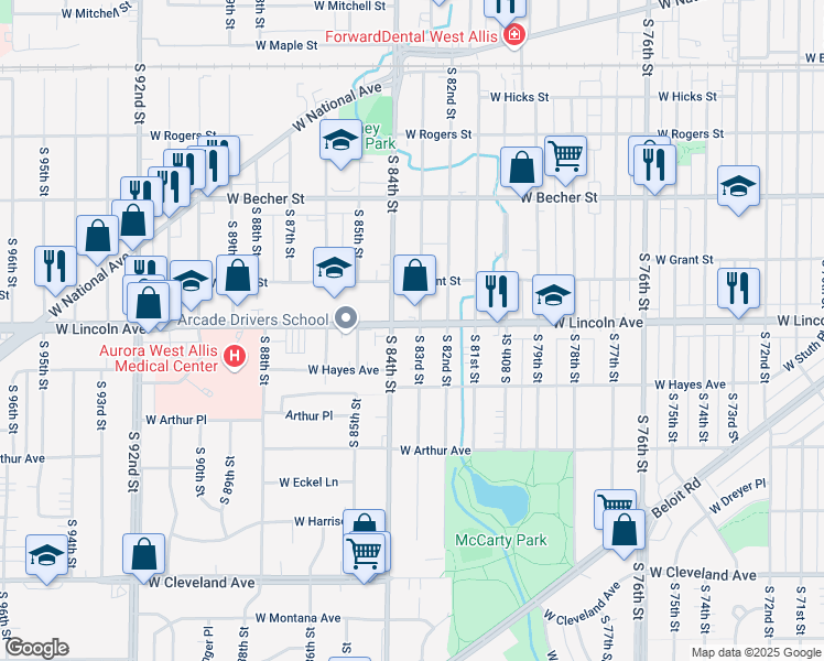 map of restaurants, bars, coffee shops, grocery stores, and more near 2324 South 84th Street in West Allis
