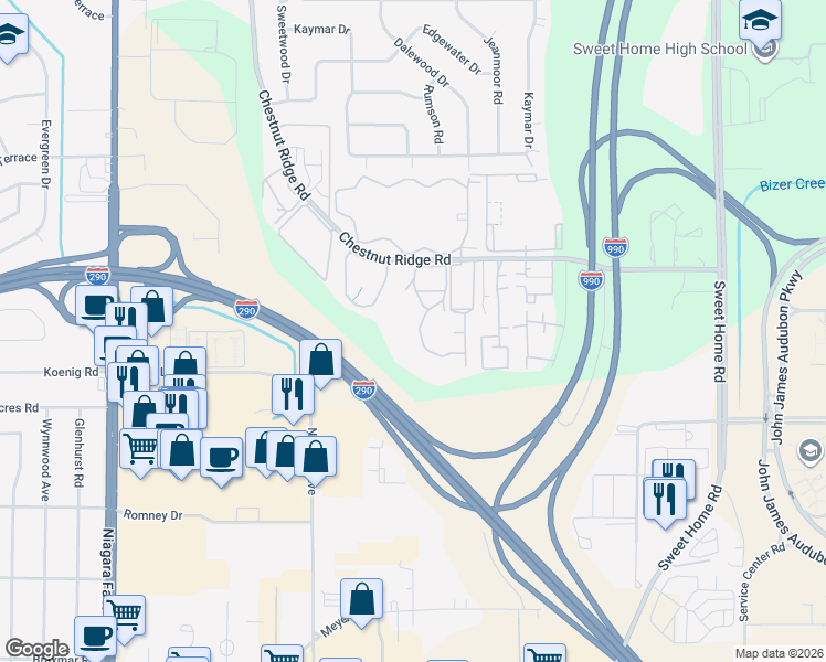 map of restaurants, bars, coffee shops, grocery stores, and more near 4501 Chestnut Ridge Road in Buffalo