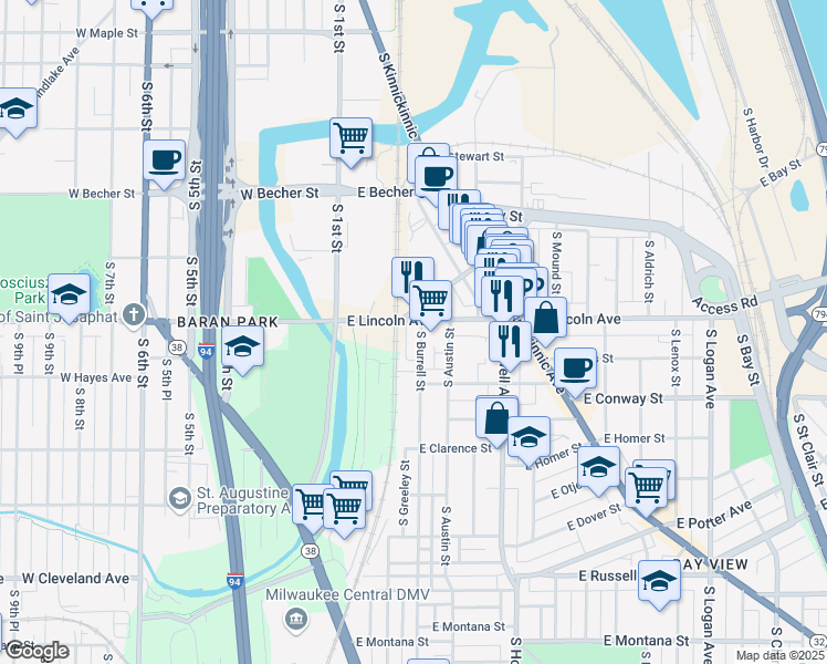 map of restaurants, bars, coffee shops, grocery stores, and more near 2 East Hayes Avenue in Milwaukee
