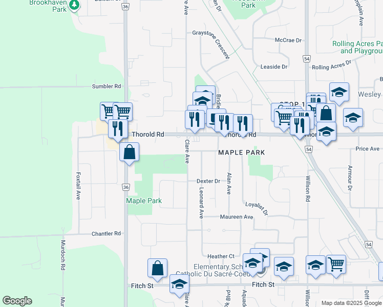 map of restaurants, bars, coffee shops, grocery stores, and more near 67 Maple Park Drive in Welland
