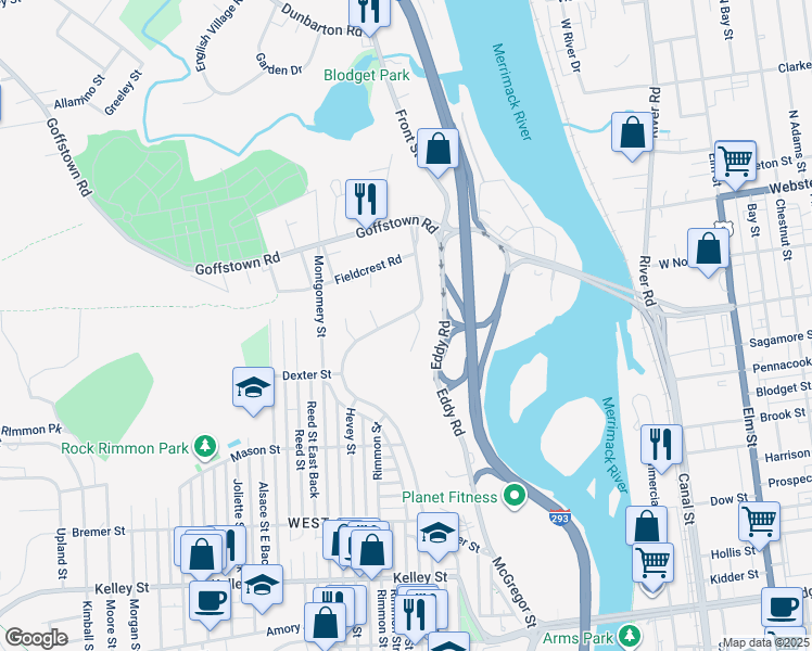 map of restaurants, bars, coffee shops, grocery stores, and more near 675 Coolidge Avenue in Manchester