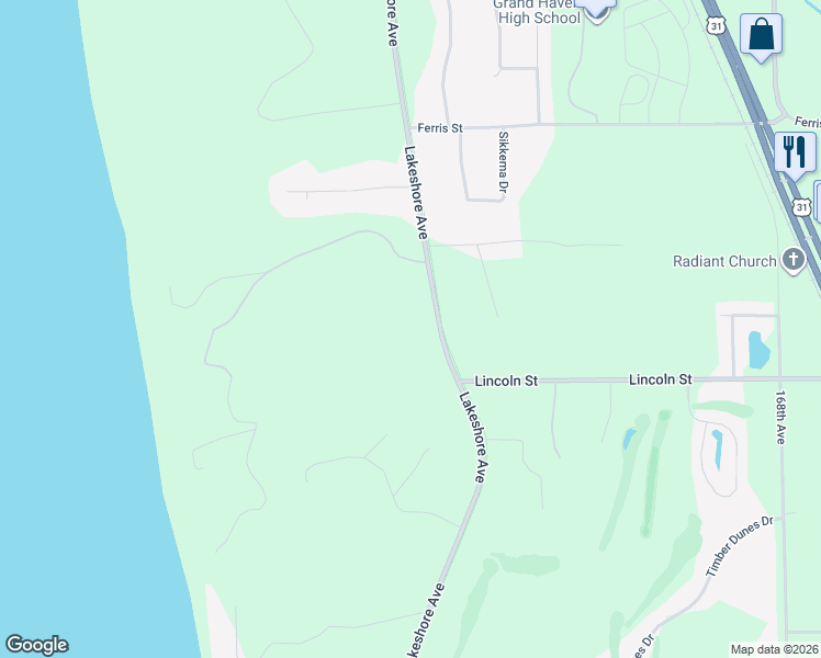 map of restaurants, bars, coffee shops, grocery stores, and more near 12849 Lakeshore Avenue in Grand Haven