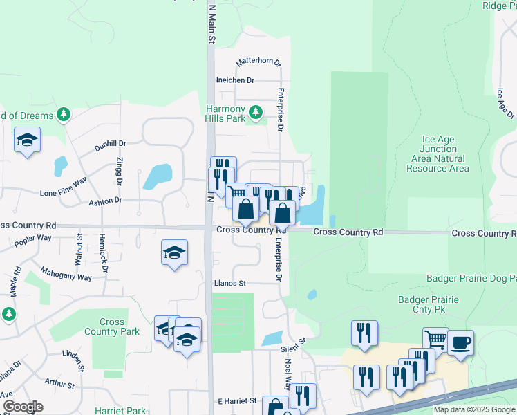 map of restaurants, bars, coffee shops, grocery stores, and more near 1015 North Edge Trail in Verona