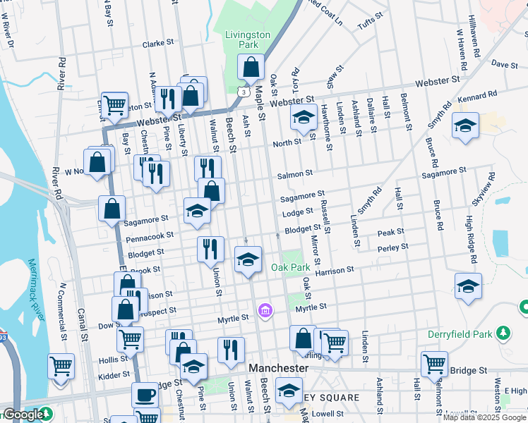 map of restaurants, bars, coffee shops, grocery stores, and more near 259 Ash Street in Manchester