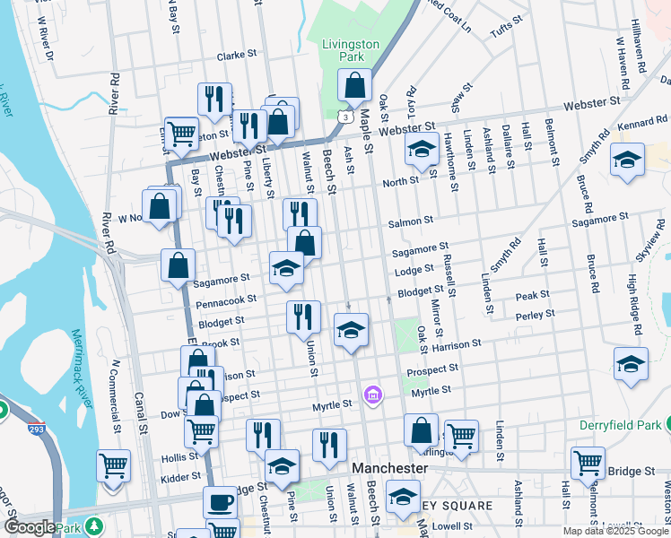 map of restaurants, bars, coffee shops, grocery stores, and more near 768 Beech Street in Manchester