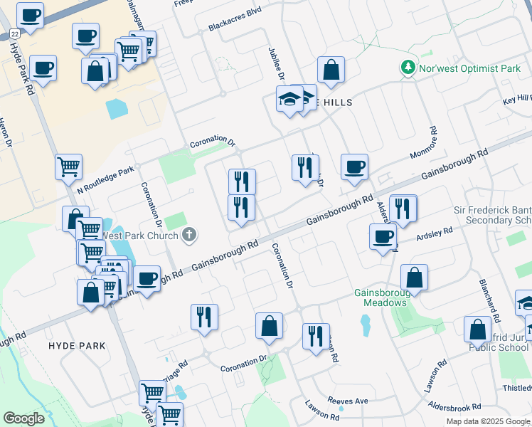 map of restaurants, bars, coffee shops, grocery stores, and more near 1630 Bayswater Crescent in London