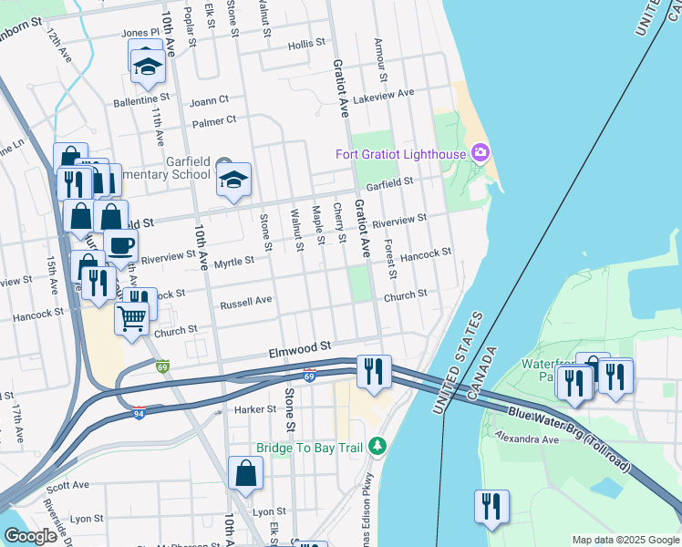 map of restaurants, bars, coffee shops, grocery stores, and more near 2528 Maple Street in Port Huron