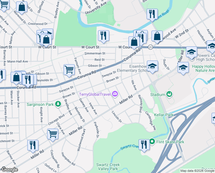 map of restaurants, bars, coffee shops, grocery stores, and more near 1405 Lincoln Drive in Flint