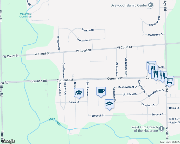map of restaurants, bars, coffee shops, grocery stores, and more near 6084 Corunna Road in Flint