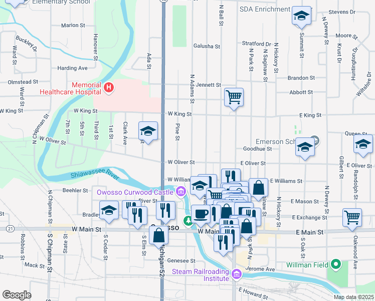 map of restaurants, bars, coffee shops, grocery stores, and more near 320 West Oliver Street in Owosso